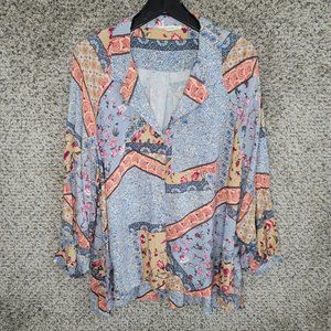 Christian Siriano Top Womens Plus 1X Blue Floral Print Collared Button Up Casual